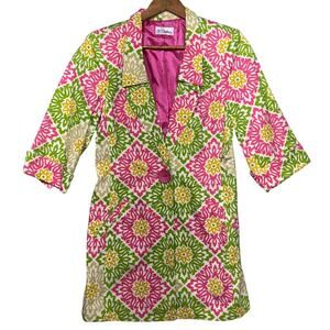 3 Sisters Green Pink Floral 3/4 Sleeve 1 Button Spring Blazer Jacket Women Small